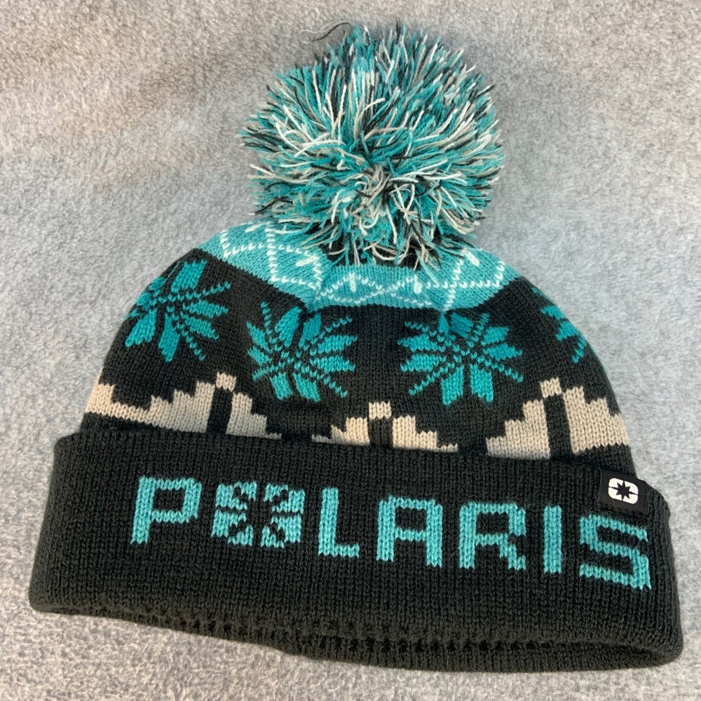 Polaris Logo Mens Black Polaris Beanie Pom Pom Snowflake Knit One Size